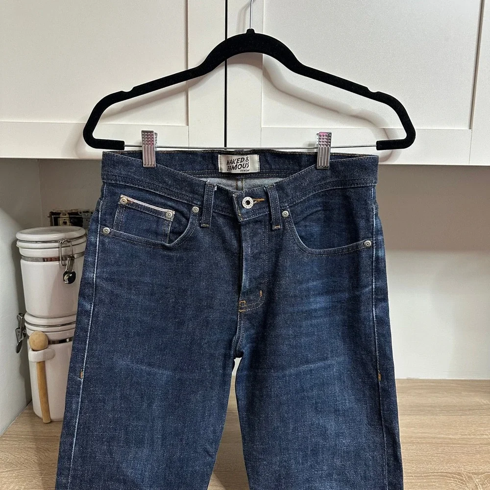 Naked & Famous Weird Guy Selvedge Jeans Mens 29x27 Stretch Dark Wash Button Fly